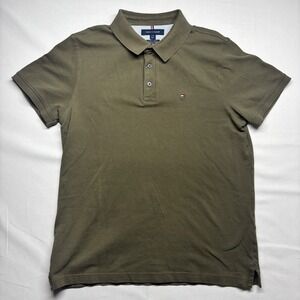 Tommy Hilfiger Mens Slim Fit Stretch Polo Shirt Olive Green Large L Logo